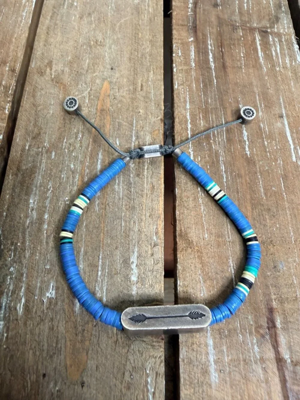 M.Cohen Blue Heishi Disc Bead Sterling Silver Arrow Bracelet